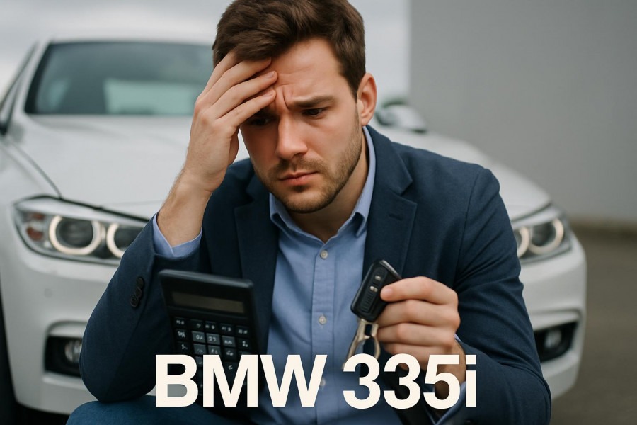 Stressed young man with calculator and keys in front of BMW 335i, contemplating BMW maintenance costs.