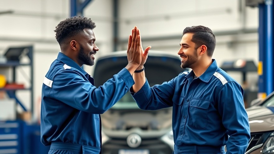 Auto technicians celebrating teamwork in a modern workshop, showcasing team dynamics in automotive repair.