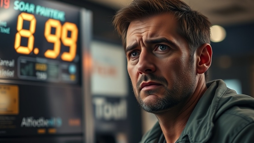 Worried person at gas pump showing $8.99, reflecting economic impact of rising fuel prices.
