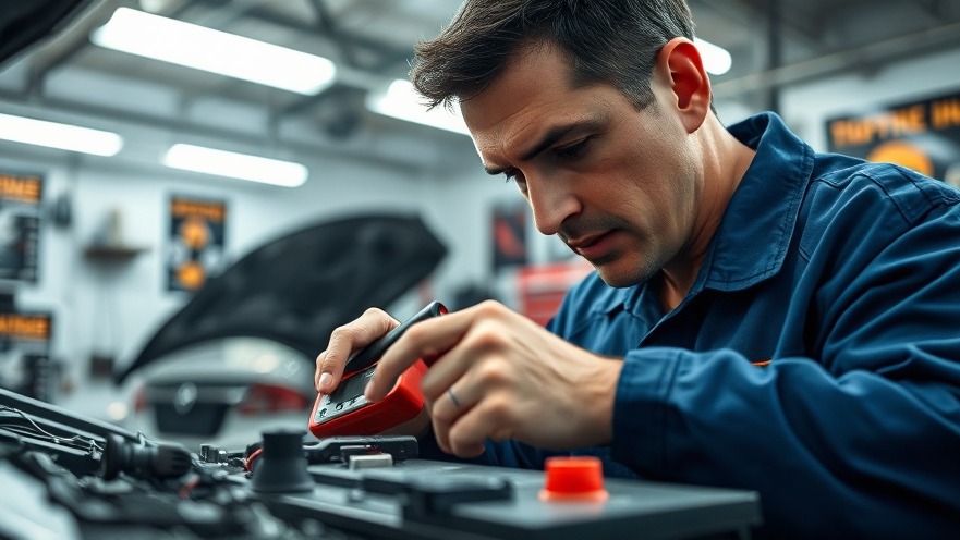 Photorealistic technician examines car battery performance with multimeter.