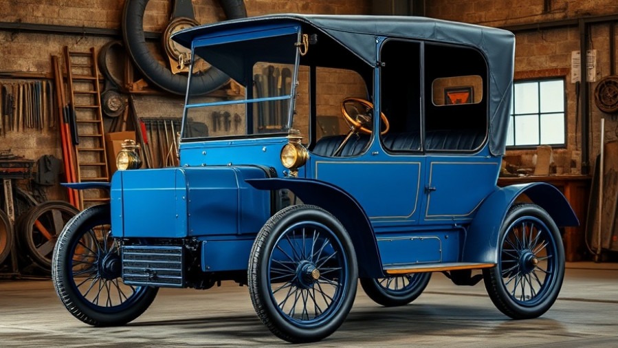 Vintage blue 1914 electric car showcasing early EV technology in a well-lit industrial garage.