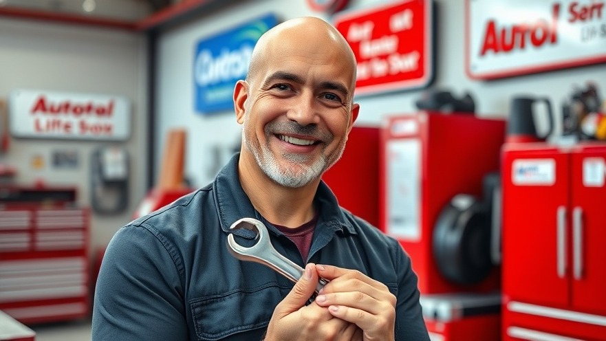Bald man confidently holding a wrench in a bright auto repair shop, showcasing technology in auto repair.