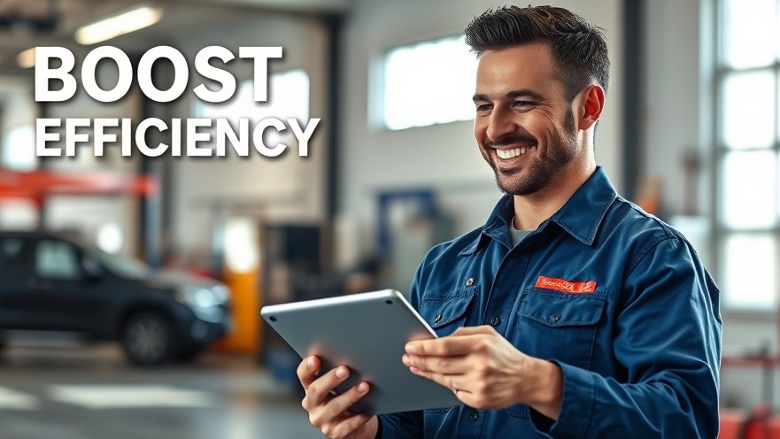 Confident mechanic boosts repair shop efficiency with checklist on tablet.