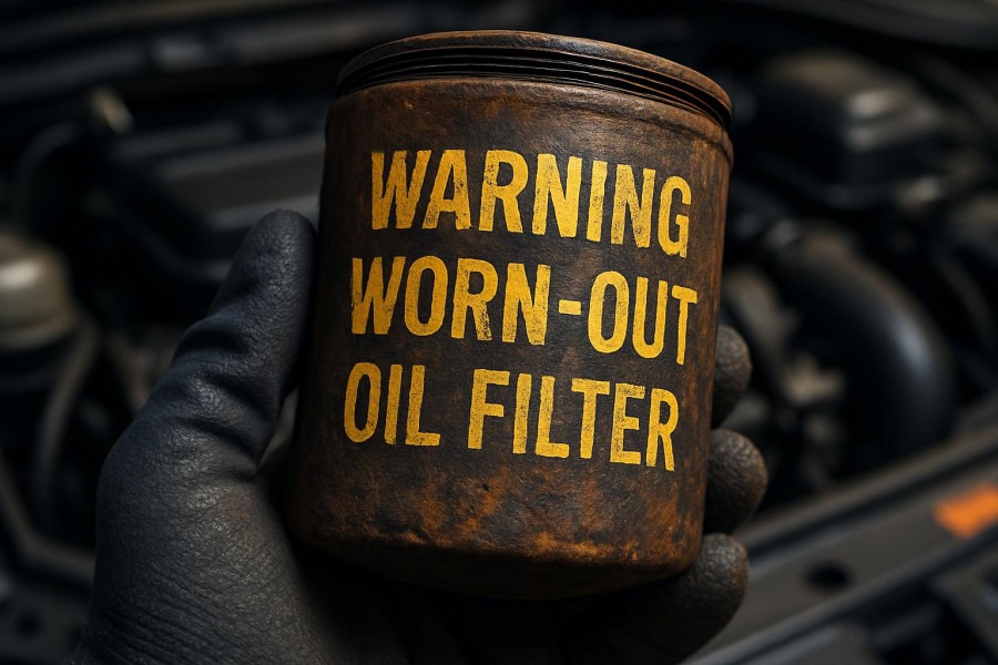 Worn-out oil filter in gloved hand highlights oil filter efficiency for better engine protection.