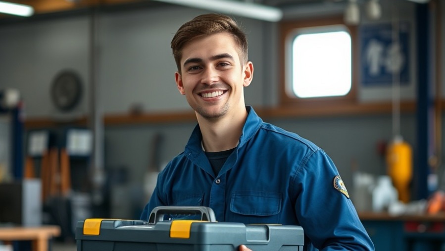Confident young technician in uniform smiles, embodies automotive repair training success.