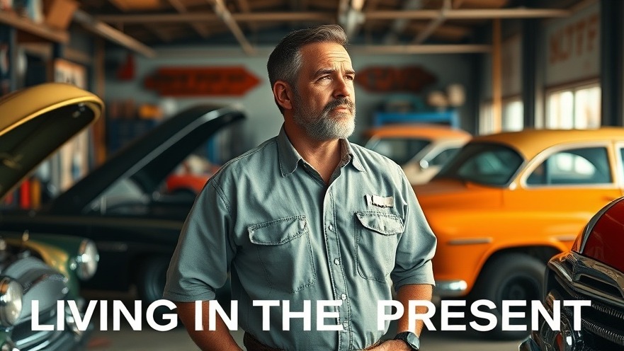 Confident auto repair shop owner focused on today, surrounded by classic cars.
