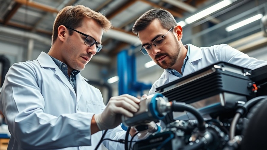 Two automotive engineers discussing low GWP refrigerants over an EV coolant system.