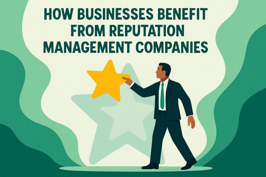 Business professional enhancing online reputation management with a yellow star symbol.