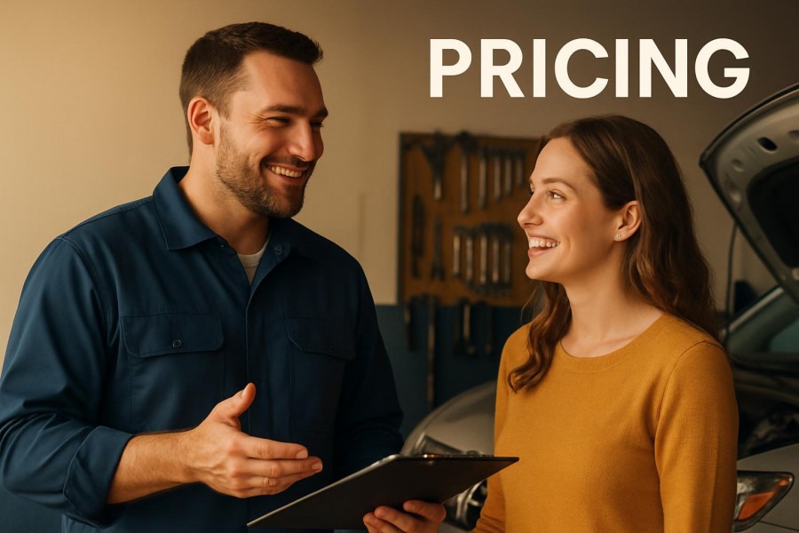 Confident auto shop manager educates customer on transparency in pricing.