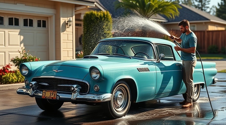 Man using a hose for quick car cleaning of a vintage teal car in bright sunlight.