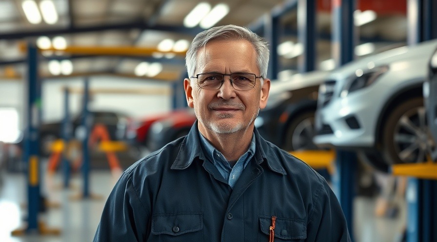 Middle-aged mechanic showcasing owner autonomy in a professional auto repair shop.