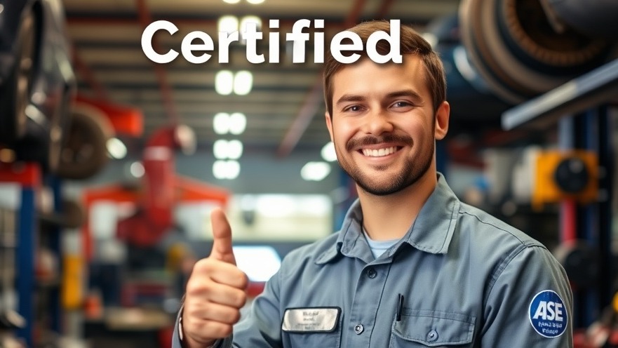 Smiling ASE certified mechanic in a vibrant auto repair shop, showing a thumbs-up.