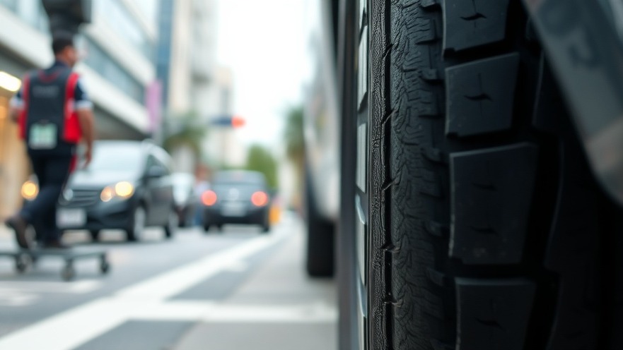 Advanced tire wear analysis equipment examining tread with urban backdrop.