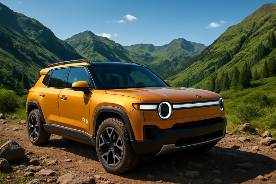 Rivian R2 SUV showcasing electric vehicle features in a vibrant mountain landscape.