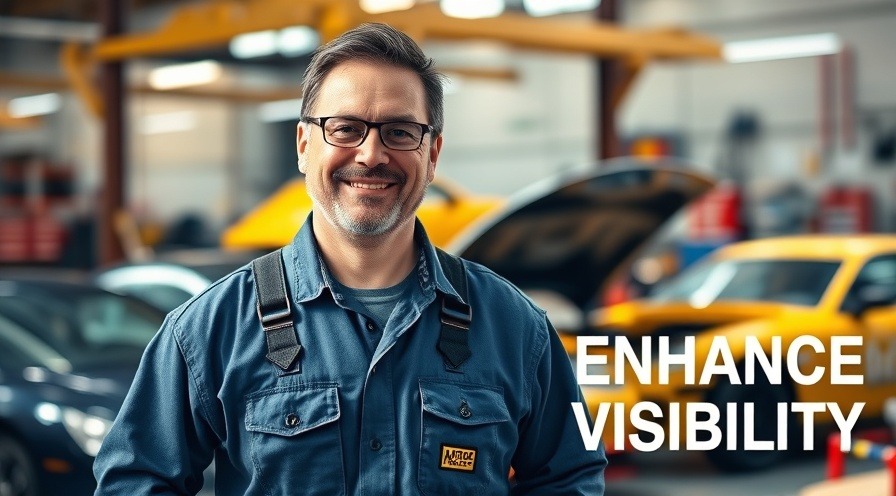 Confident auto repair shop owner smiling with workshop tools, enhancing customer trust.