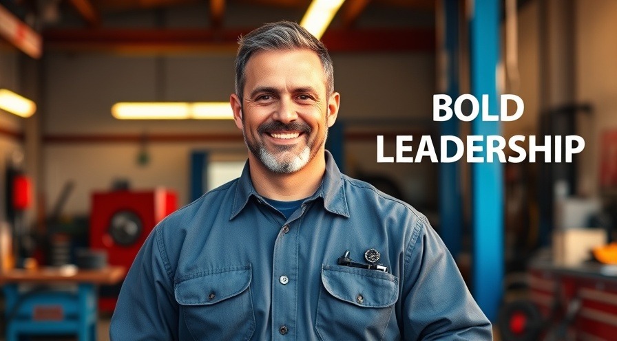 Confident auto shop manager exemplifying leadership in automotive repair in vibrant garage.