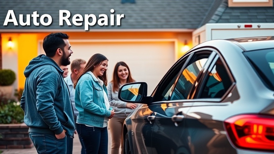 Joyful family watches a mobile mechanic provide convenient auto repair in their driveway.