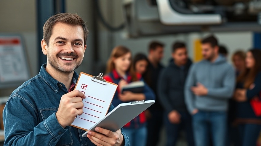 Confident auto mechanic showcasing effective communication in team meetings.