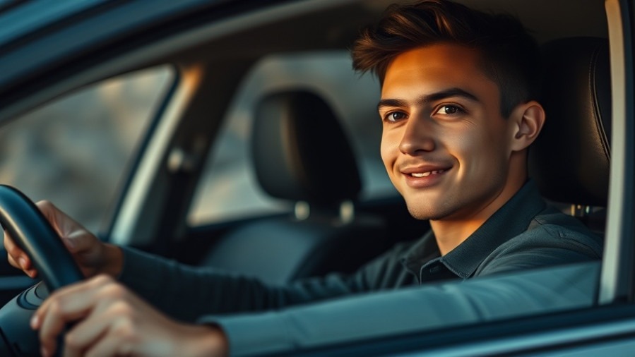 Confident young driver practicing driver safety tips in a photorealistic car interior.