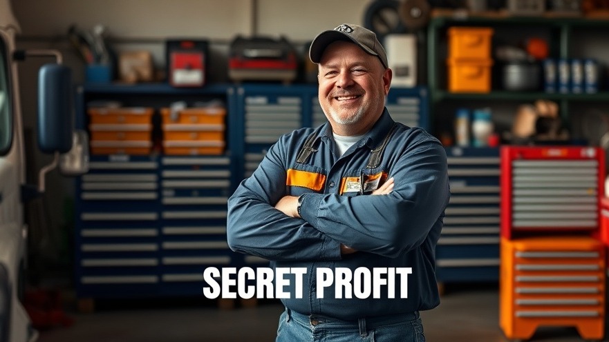 Confident mechanic showcasing auto repair shop margins, standing proudly in organized diesel shop.