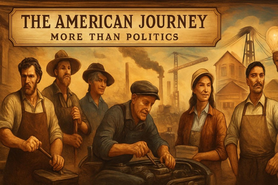 Patriotic illustration of 250 years of American enterprise and work, highlighting labor's historical significance.