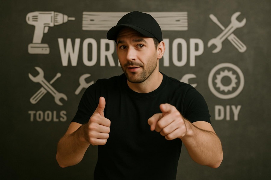 Auto repair shop owner gesturing confidently in workshop-branded setting.