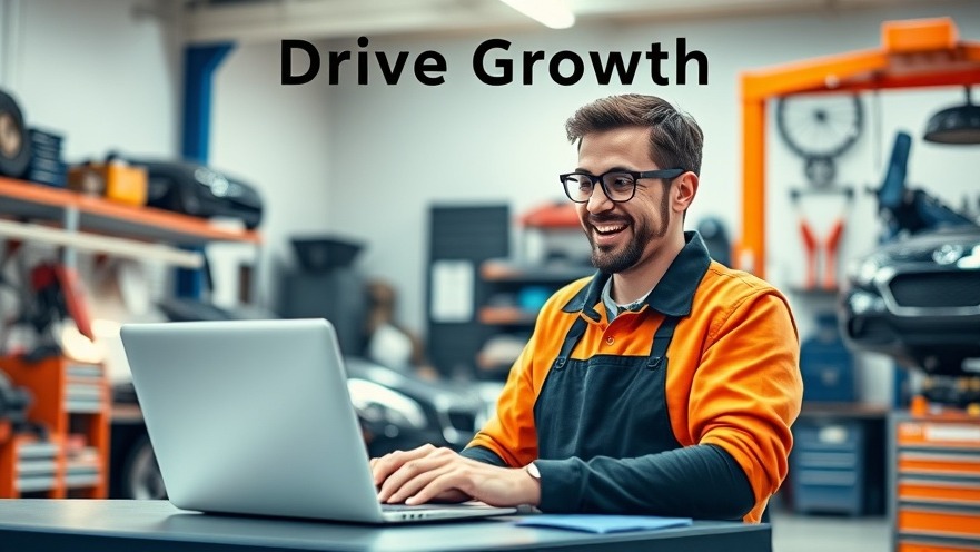 Excited automotive shop owner analyzes Google Ads strategy in vibrant workshop.