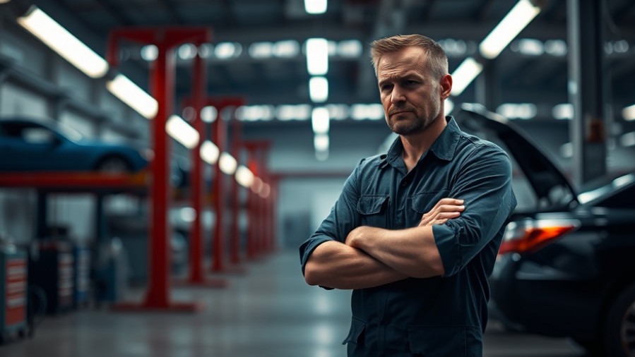 Frustrated mechanic in empty shop, highlighting auto repair advertising needs.