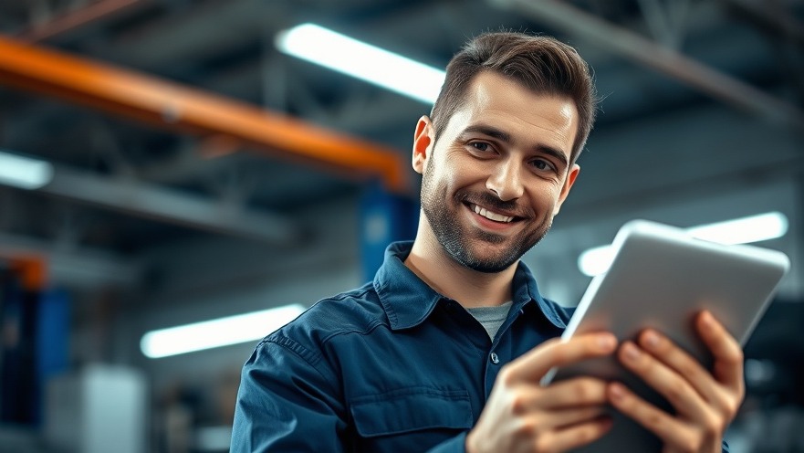 Excited mechanic using tablet showcasing auto repair technology and customer insights.