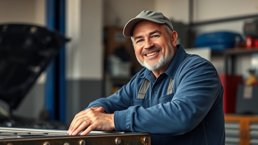 Confident auto repair shop owner smiling in garage, showcasing business valuation success.