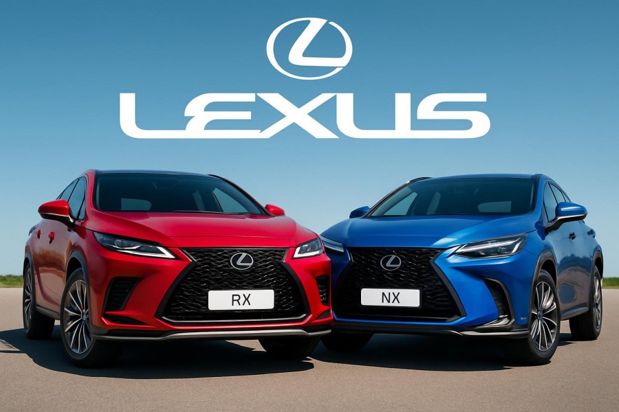 Vibrant front view comparison of Lexus RX features and NX advantages, photorealistic.
