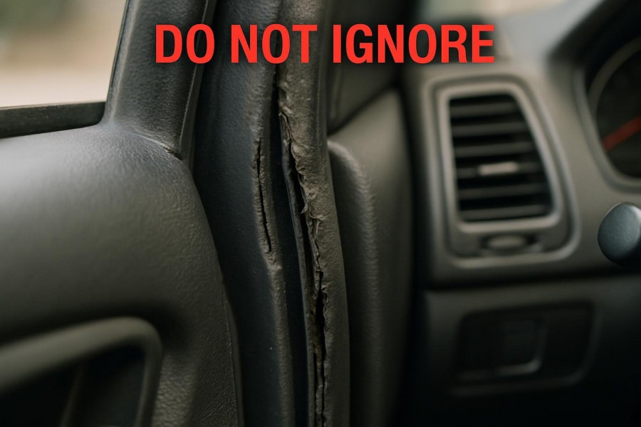 Close-up of damaged automobile weather seals, highlighting the need for weather stripping replacement.