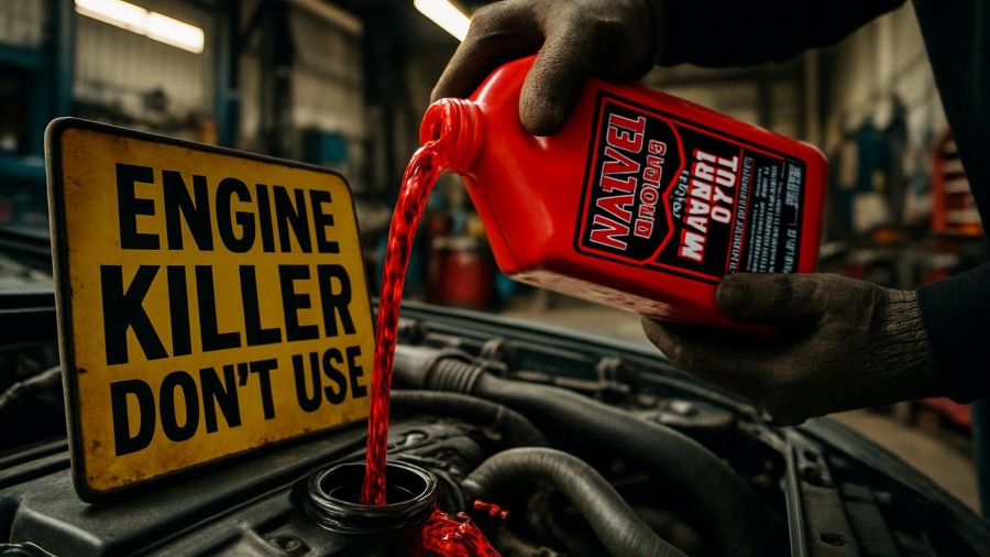 Person pouring red Marvel Mystery Oil for engine protection in garage setting.