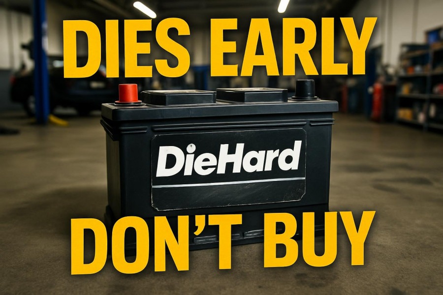 Warning on DieHard car battery: 'Dies Early' and 'Don't Buy' at mechanic shop.