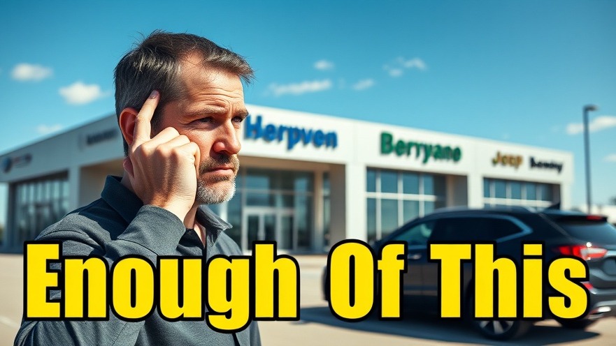 Frustrated man at a car dealership, highlighting poor car buying experiences.