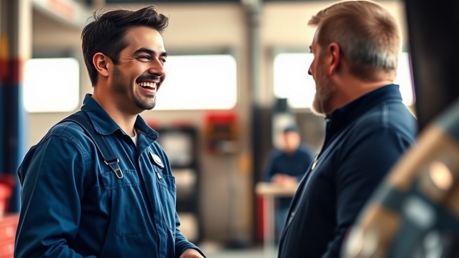 Auto mechanic shares a laugh with a customer, illustrating engaging social media strategies.
