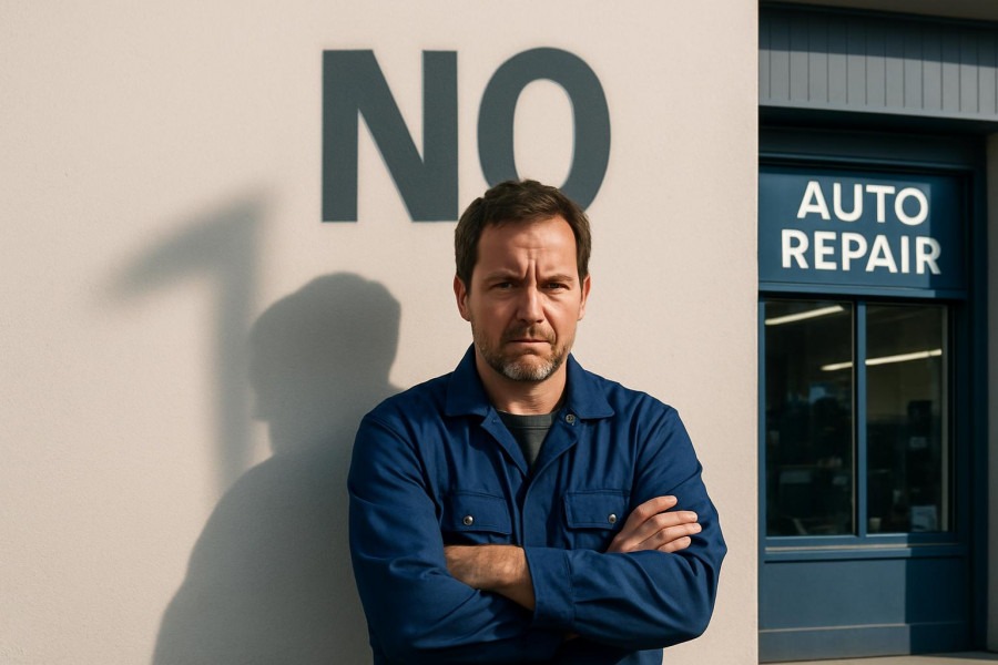 Frustrated auto shop owner symbolizes business growth challenges in customer engagement.