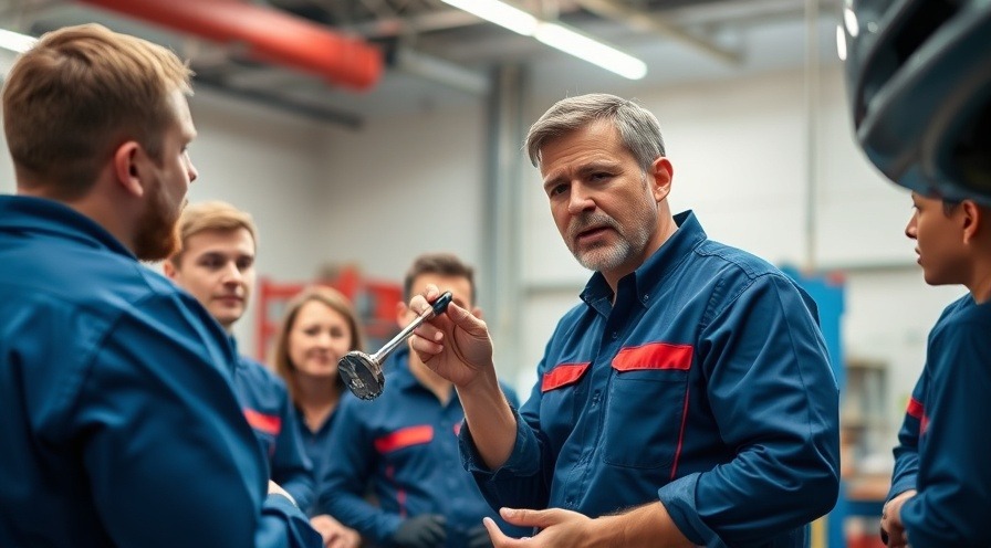 Confident technician training a group on automotive tools in a bright workshop.