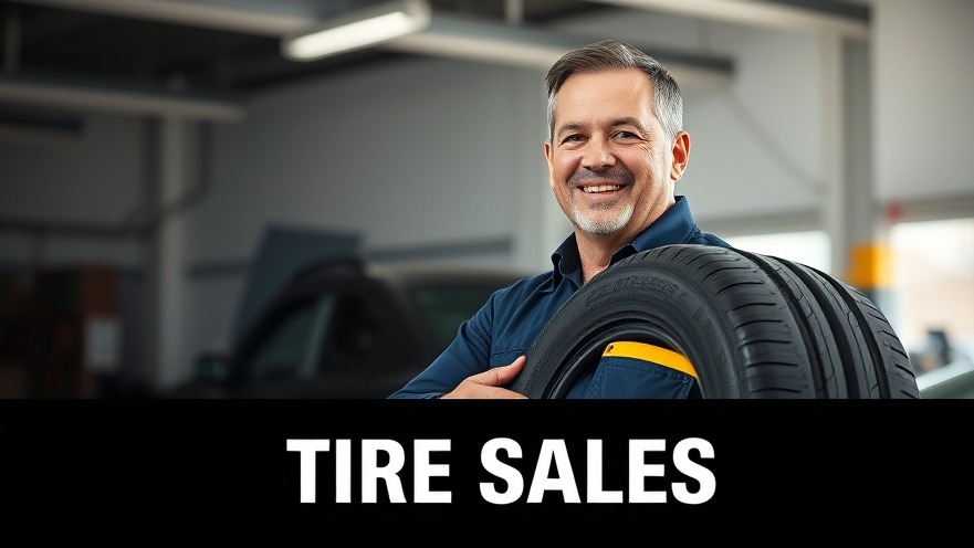 Confident auto shop owner promoting profitability through tire sales in bright garage.