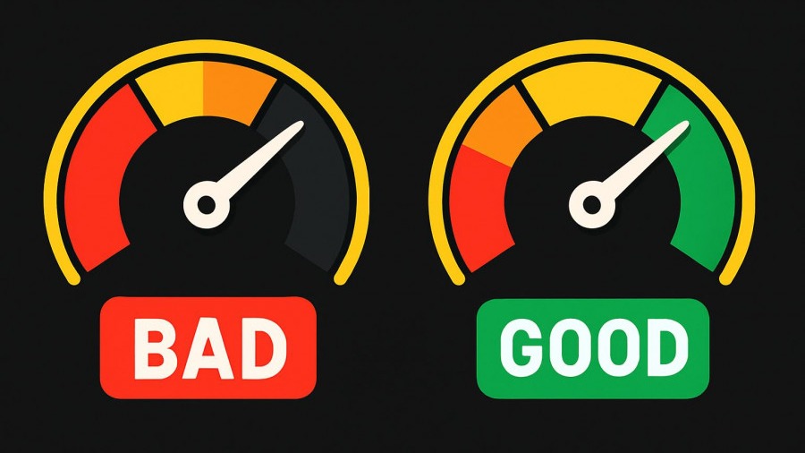 Comparative speedometer showing driving habits for engine health: low speed 'bad', medium speed 'good'.