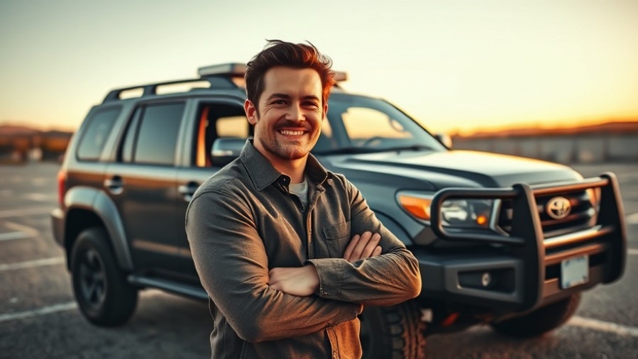 Confident driver against a rugged SUV, showcasing reliable SUVs at sunset.