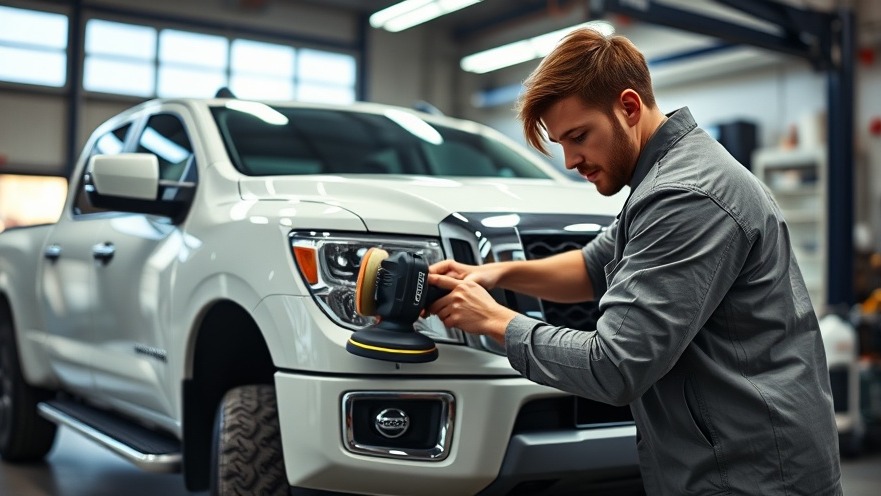 Young male technician focused on vehicle maintenance, polishing a white Nissan truck.