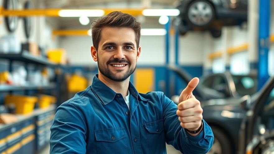 Confident mechanic in bright auto shop giving thumbs-up, showcasing auto repair strategies.