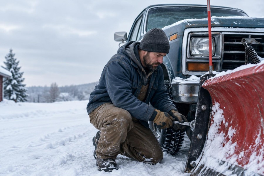 Man preparing a budget snow plow on an old pickup truck in a snowy driveway.
