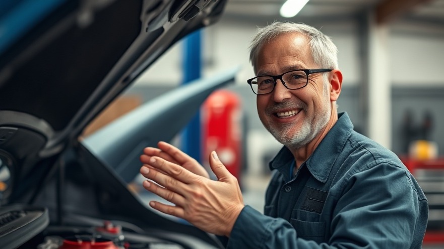 Middle-aged mechanic joyfully demonstrating DIY car repairs in a soft-lit garage.