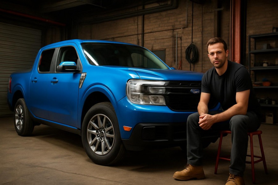 Sleek blue Ford Maverick Hybrid symbolizes informed car buying decisions in a workshop.