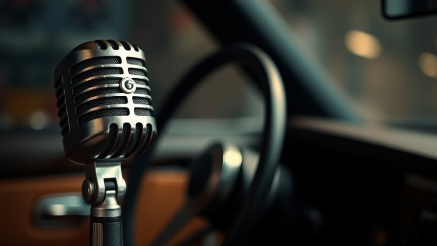 Vintage microphone with a blurry steering wheel, highlighting AI marketing auto shops.