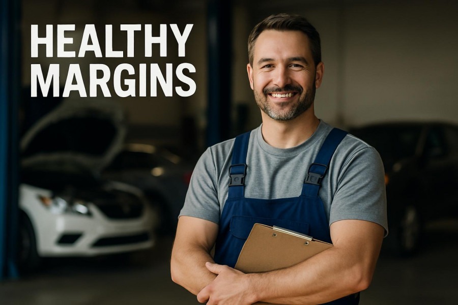 Confident auto repair shop owner smiles, showcasing operational efficiency for business growth.