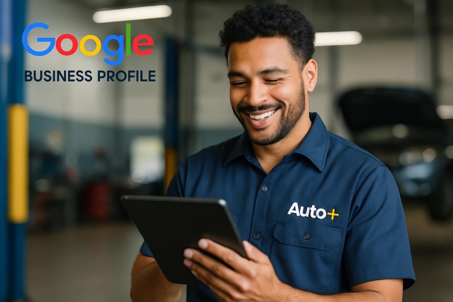 Confident auto mechanic enhancing local SEO on tablet, workshop softly lit.