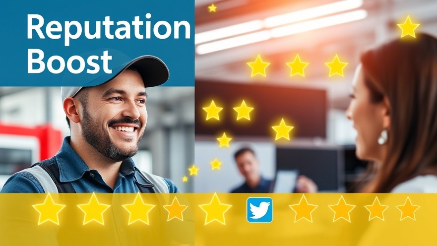 Auto repair shop owner with a happy customer, showcasing digital reputation through online reviews.